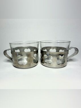 1970s Duralex France Tempered Glass Coffee mugs - removable holders